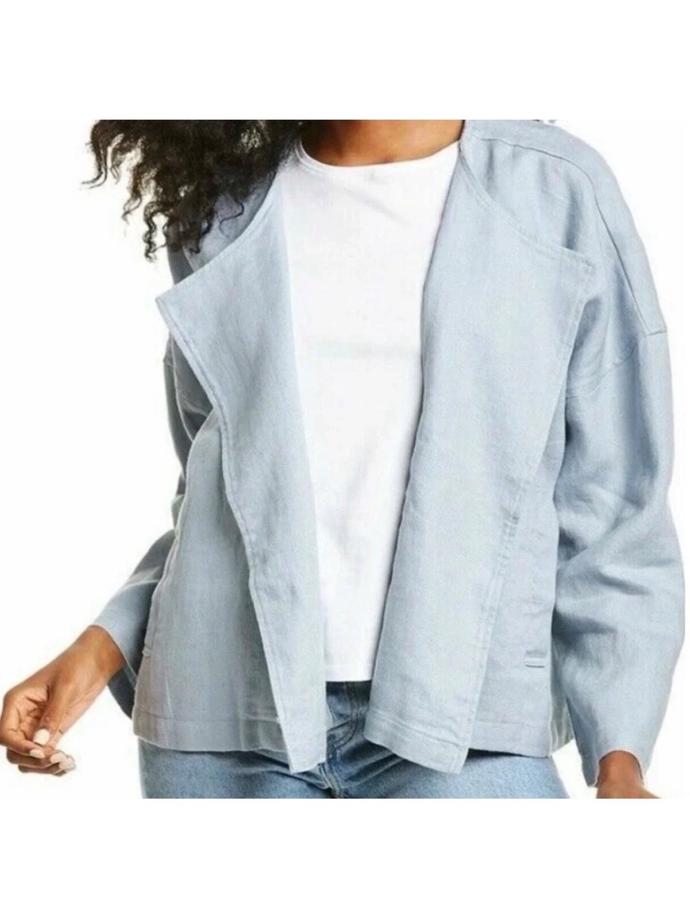 Organic Linen Eileen Fisher Dawn Double Breasted Jacket Size M Light Blue
